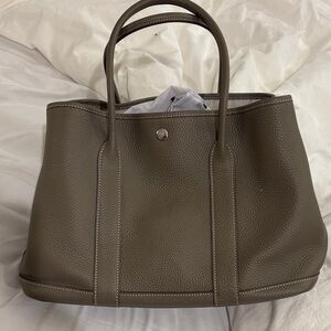 Elegant Taupe “Hermes Garden Party” Leather Tote Bag